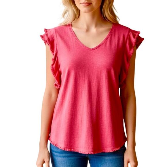 Chicos Linen Flutter Sleeve Top Size 3 (XL) Pink V-Neck - Picture 1 of 9